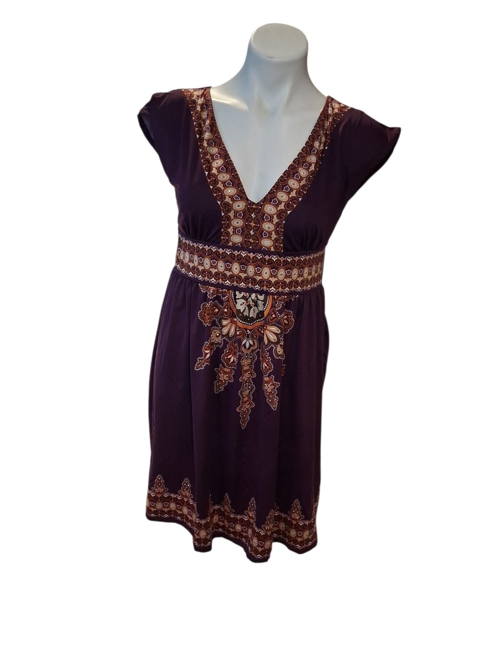 Burgandy V-Neck Embroidered Waist Dress